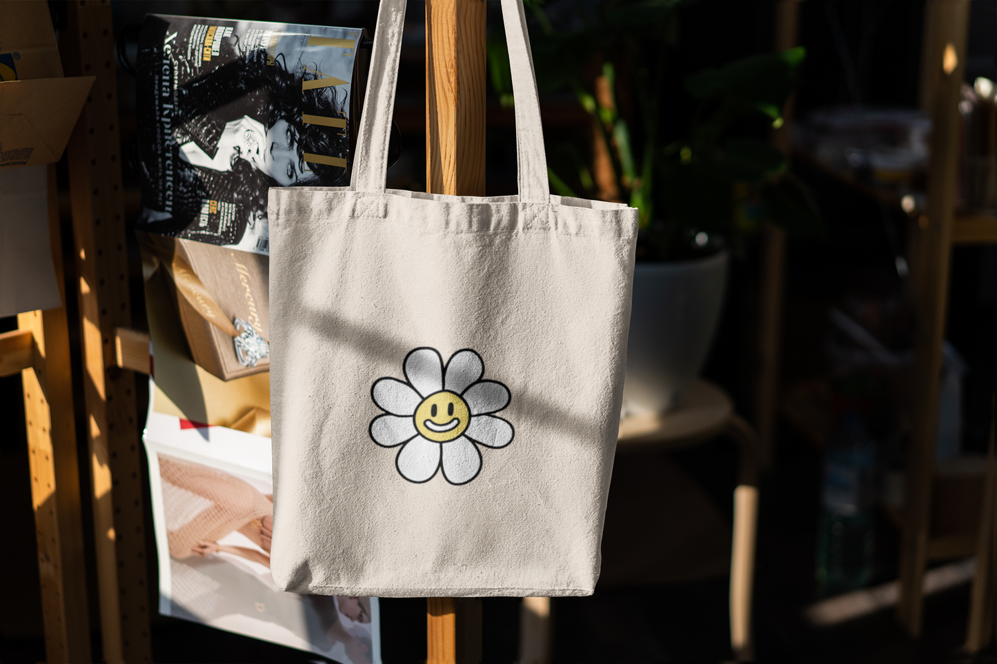 Smiley Daisy Flower Tote Bag