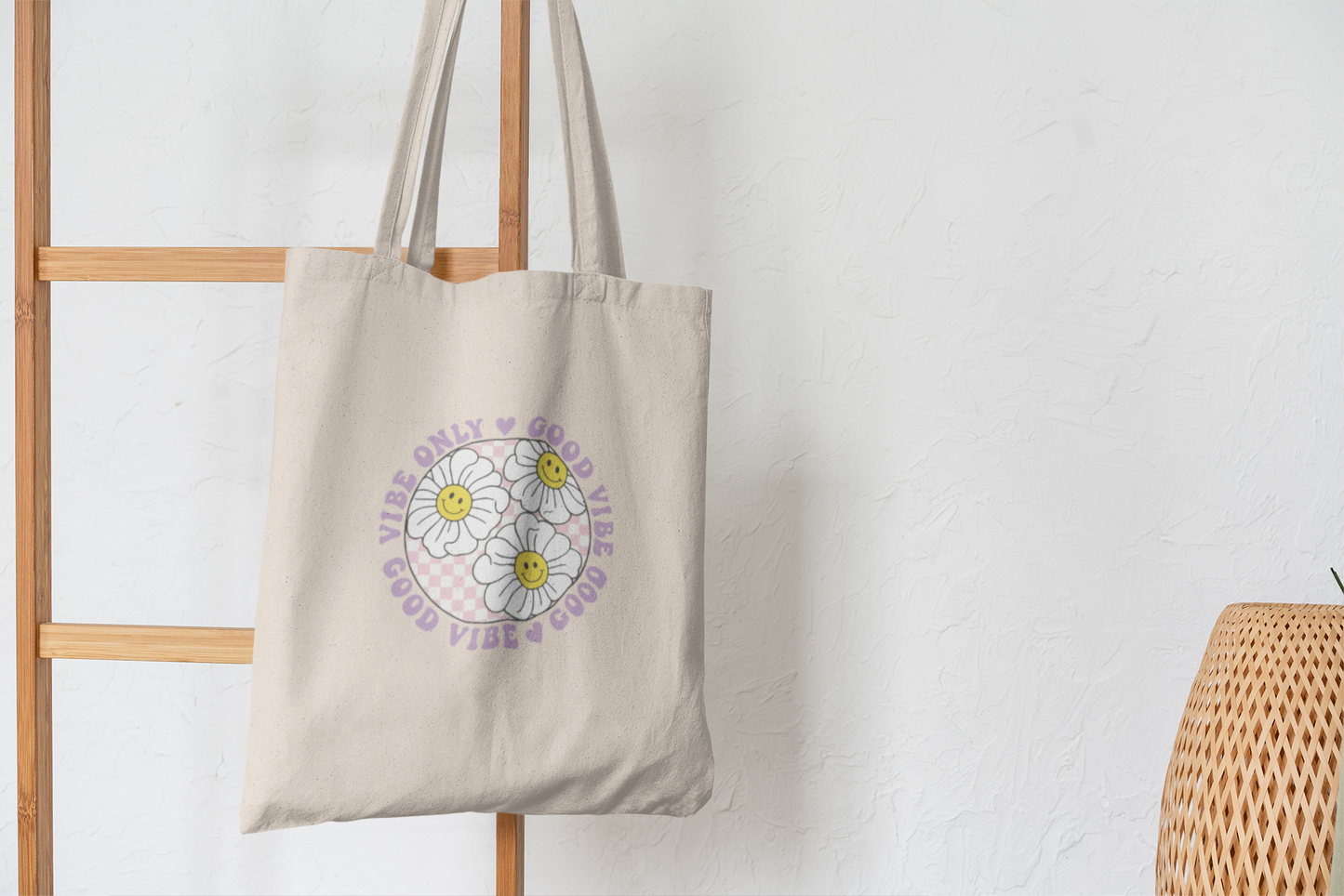 Good Vibes Only Smiley Flower Tote Bag
