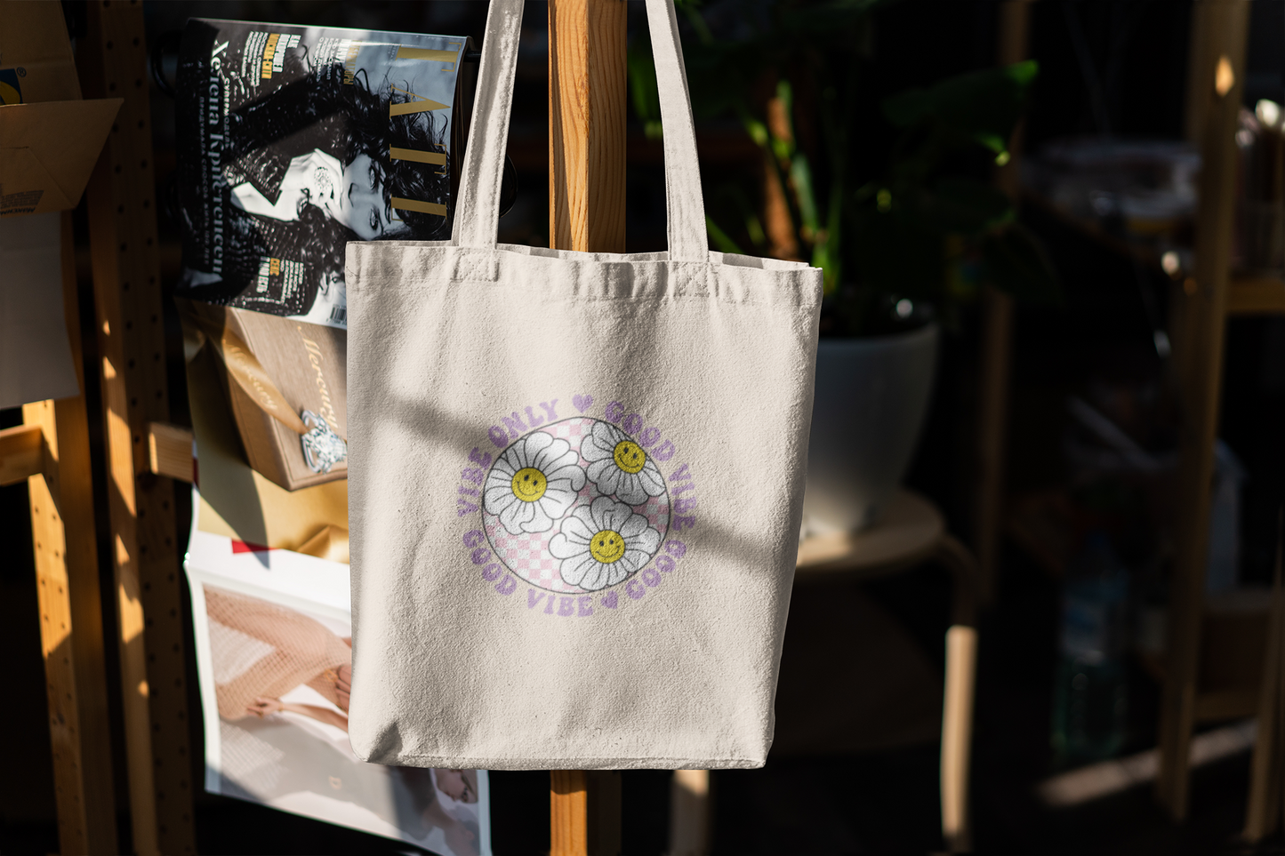 Good Vibes Only Smiley Flower Tote Bag