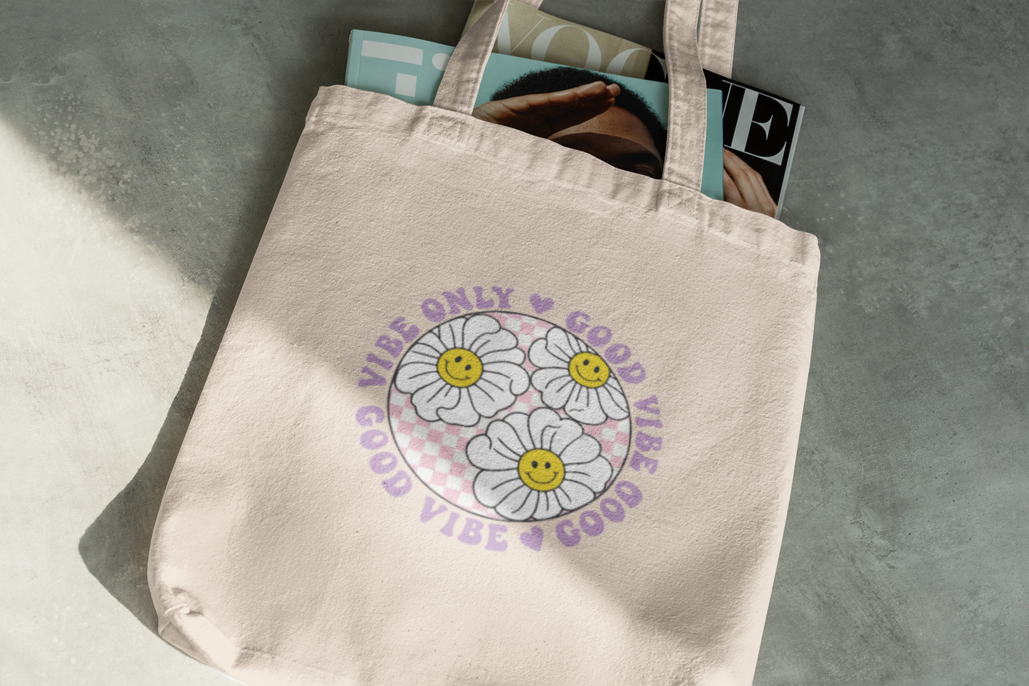 Good Vibes Only Smiley Flower Tote Bag