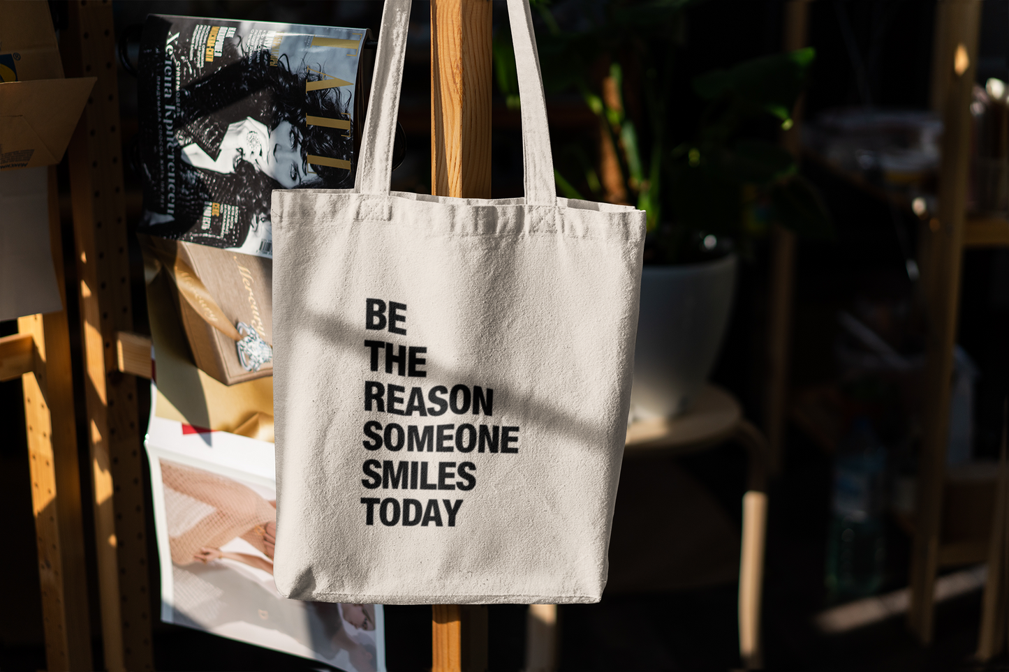 "Be the Reason Someone Smiles Today" Tote Bag – Uplifting Quote Design