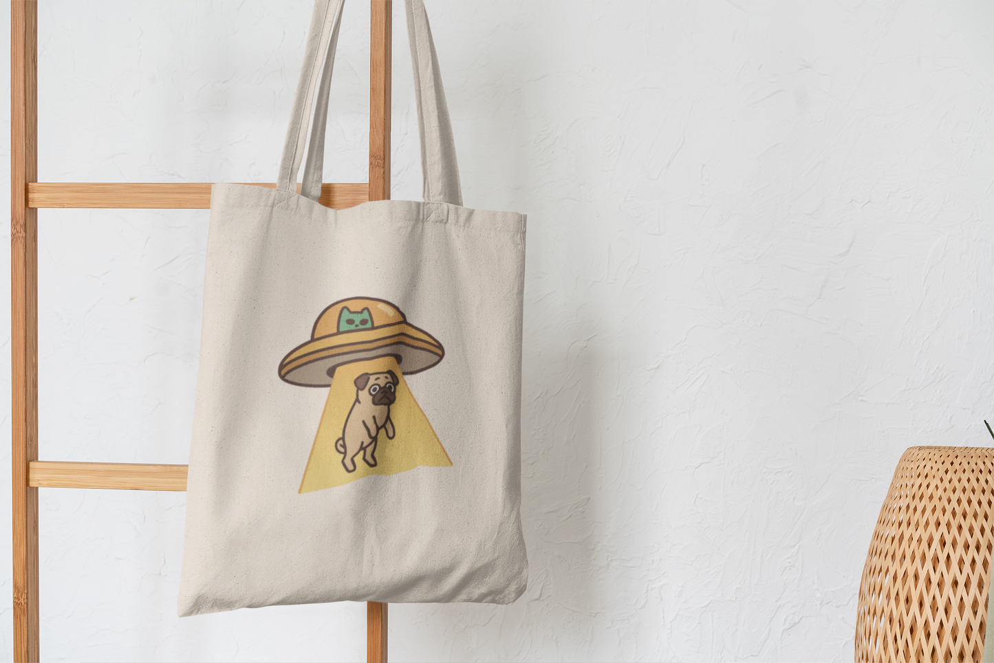 Alien Abduction Pug Tote Bag – Funny UFO Dog Illustration