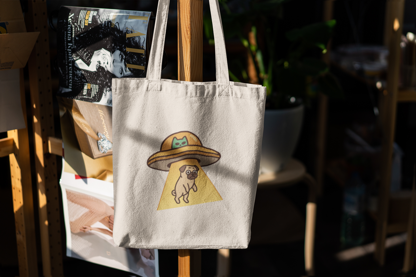 Alien Abduction Pug Tote Bag – Funny UFO Dog Illustration