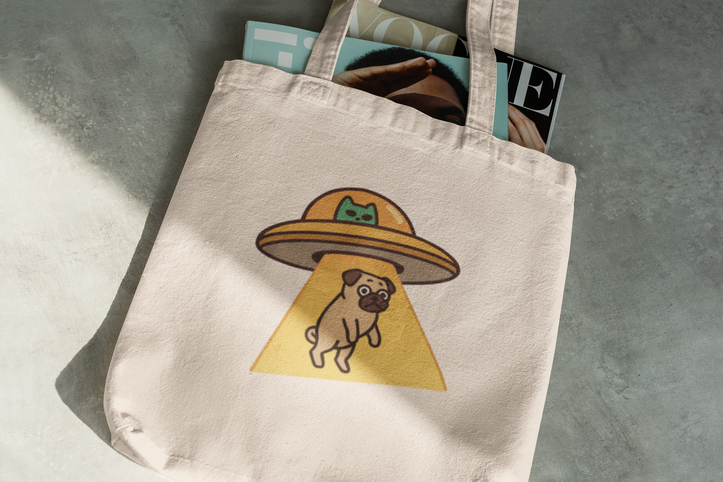 Alien Abduction Pug Tote Bag – Funny UFO Dog Illustration