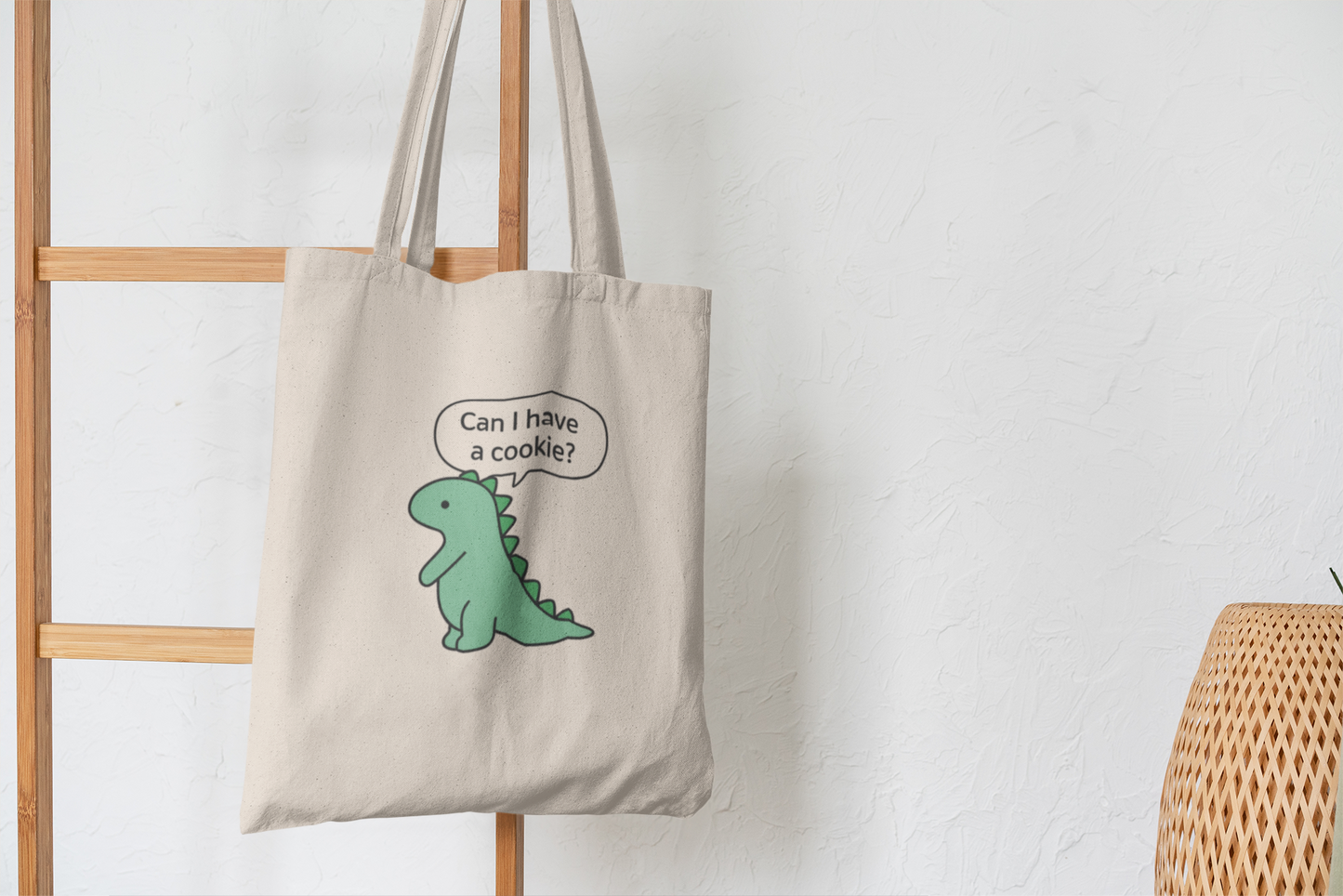 Cookie-Loving Dino Tote Bag – Cute Dinosaur Asking for a Treat