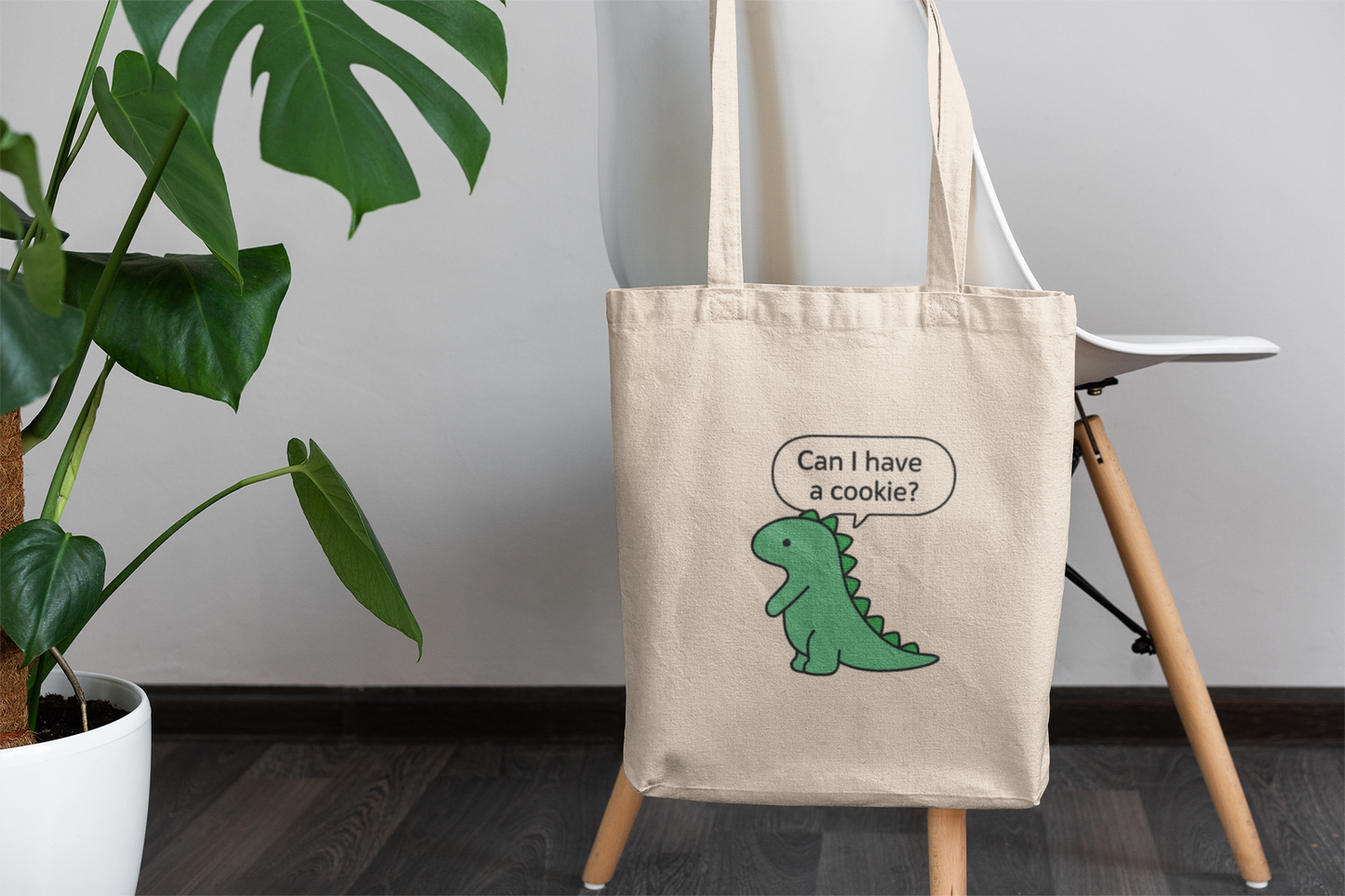 Cookie-Loving Dino Tote Bag – Cute Dinosaur Asking for a Treat