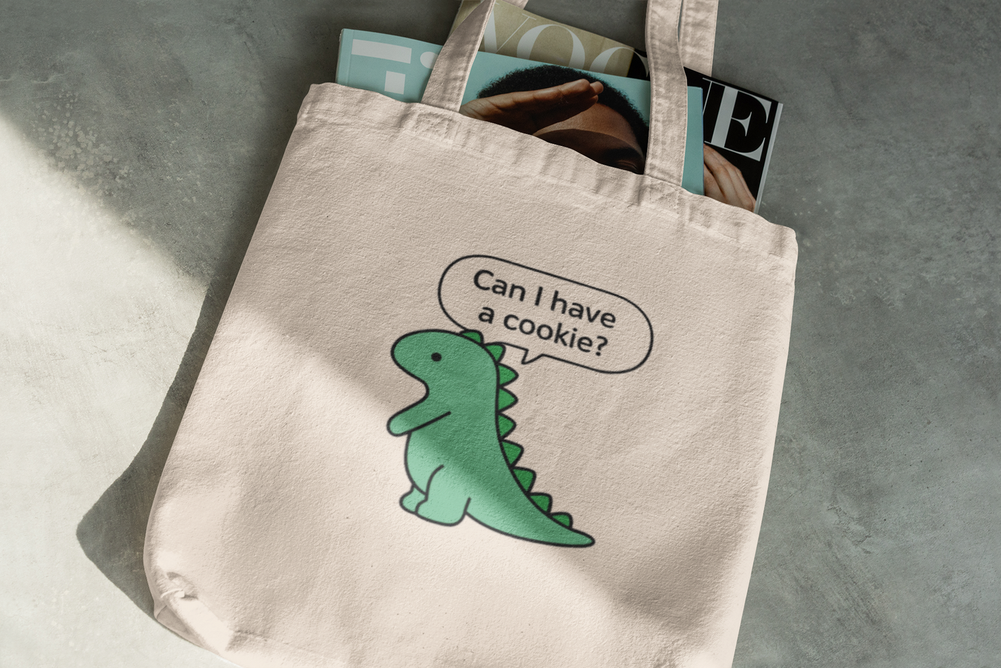 Cookie-Loving Dino Tote Bag – Cute Dinosaur Asking for a Treat