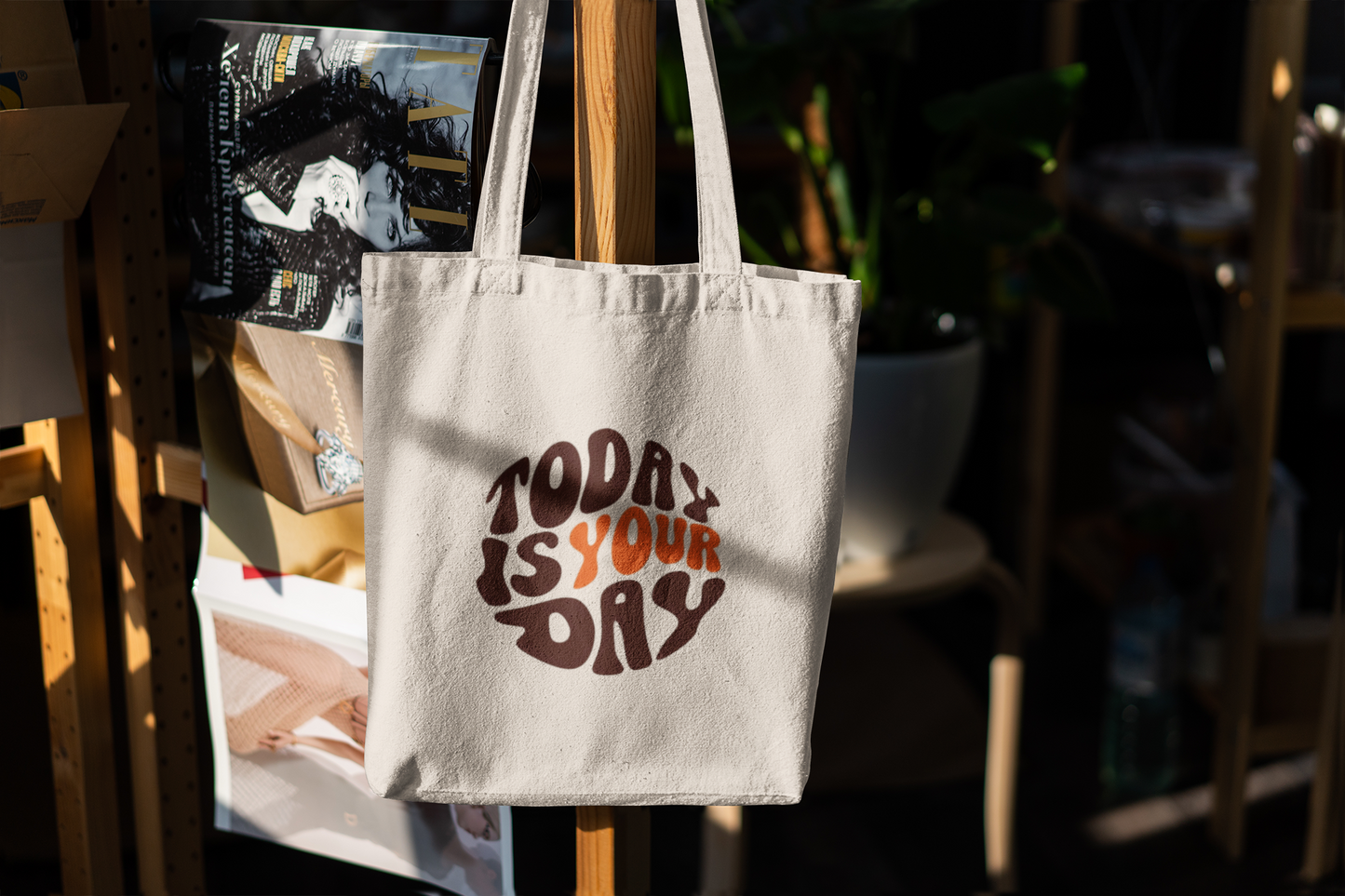 Today Is Your Day Tote Bag – Retro Motivational Canvas Bag with Groovy Typography