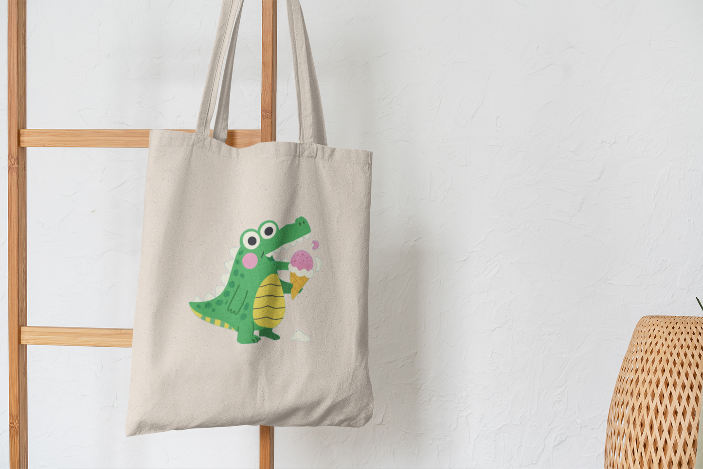 Cute Crocodile Eating Ice Cream Tote Bag – Funny Cartoon Animal Canvas Bag for Kids & Animal Lovers