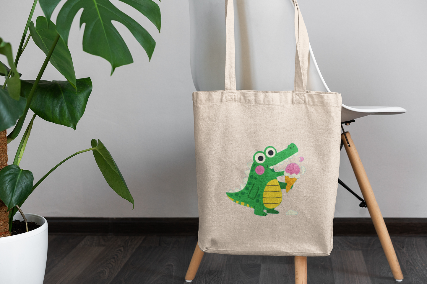 Cute Crocodile Eating Ice Cream Tote Bag – Funny Cartoon Animal Canvas Bag for Kids & Animal Lovers