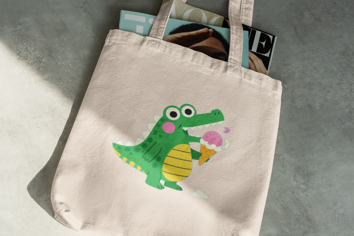 Cute Crocodile Eating Ice Cream Tote Bag – Funny Cartoon Animal Canvas Bag for Kids & Animal Lovers