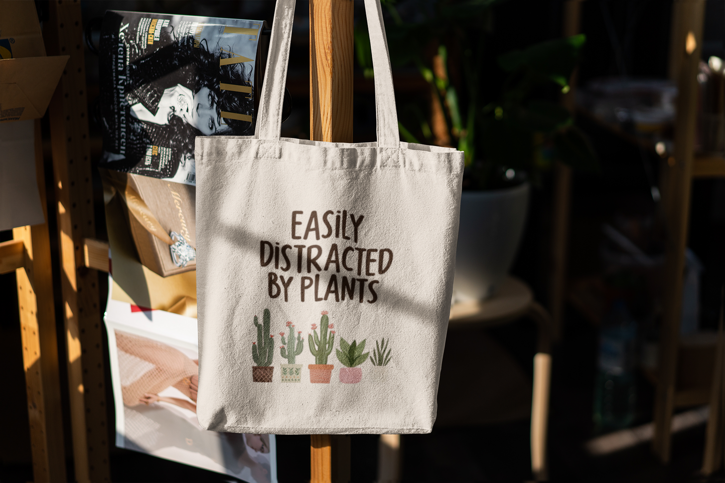 Easily Distracted by Plants Tote Bag – Funny Plant Lover Canvas Bag, Botanical Gift Idea