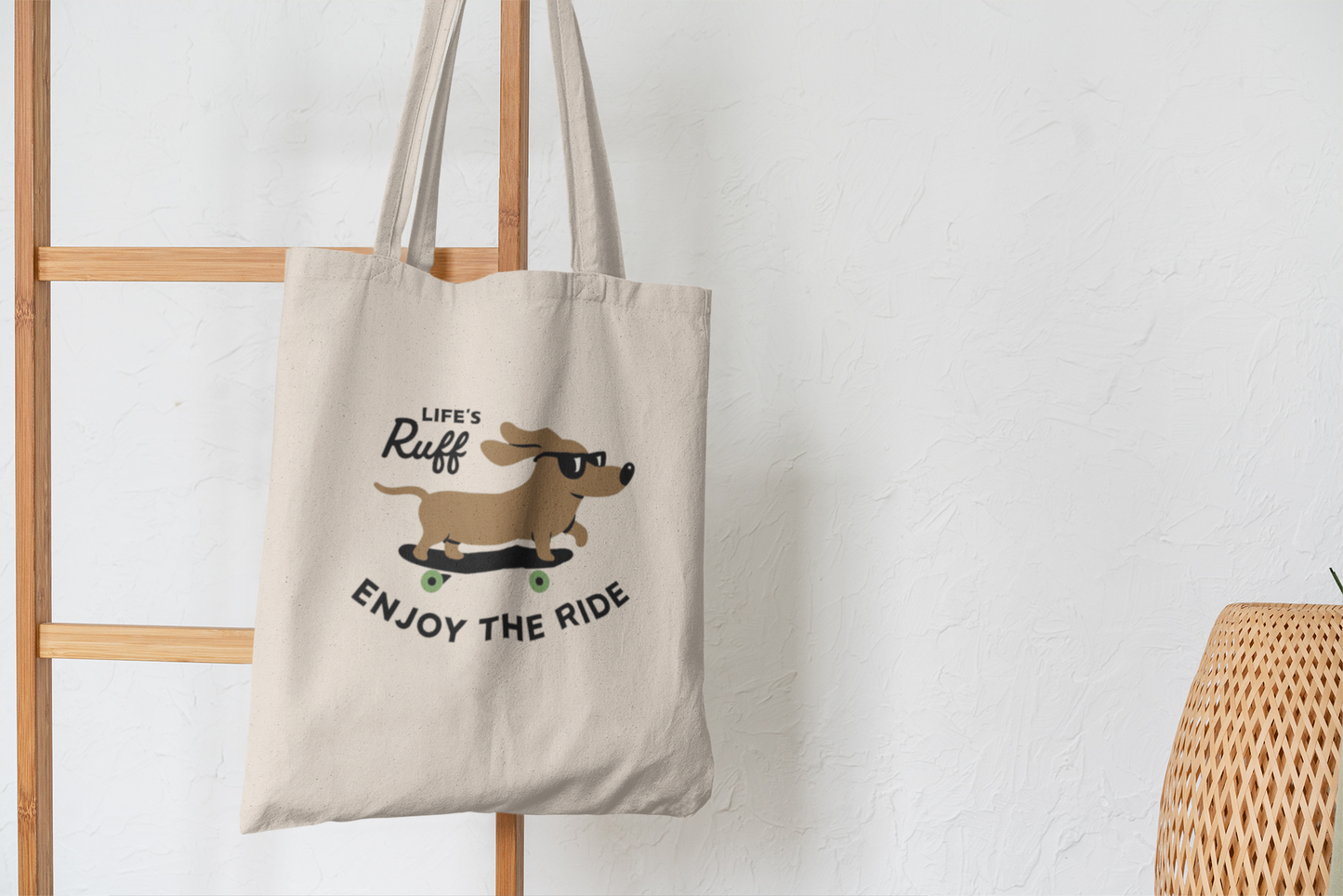Funny Dachshund Tote Bag – Life’s Ruff Enjoy the Ride – Cute Dog Skateboard Canvas Bag