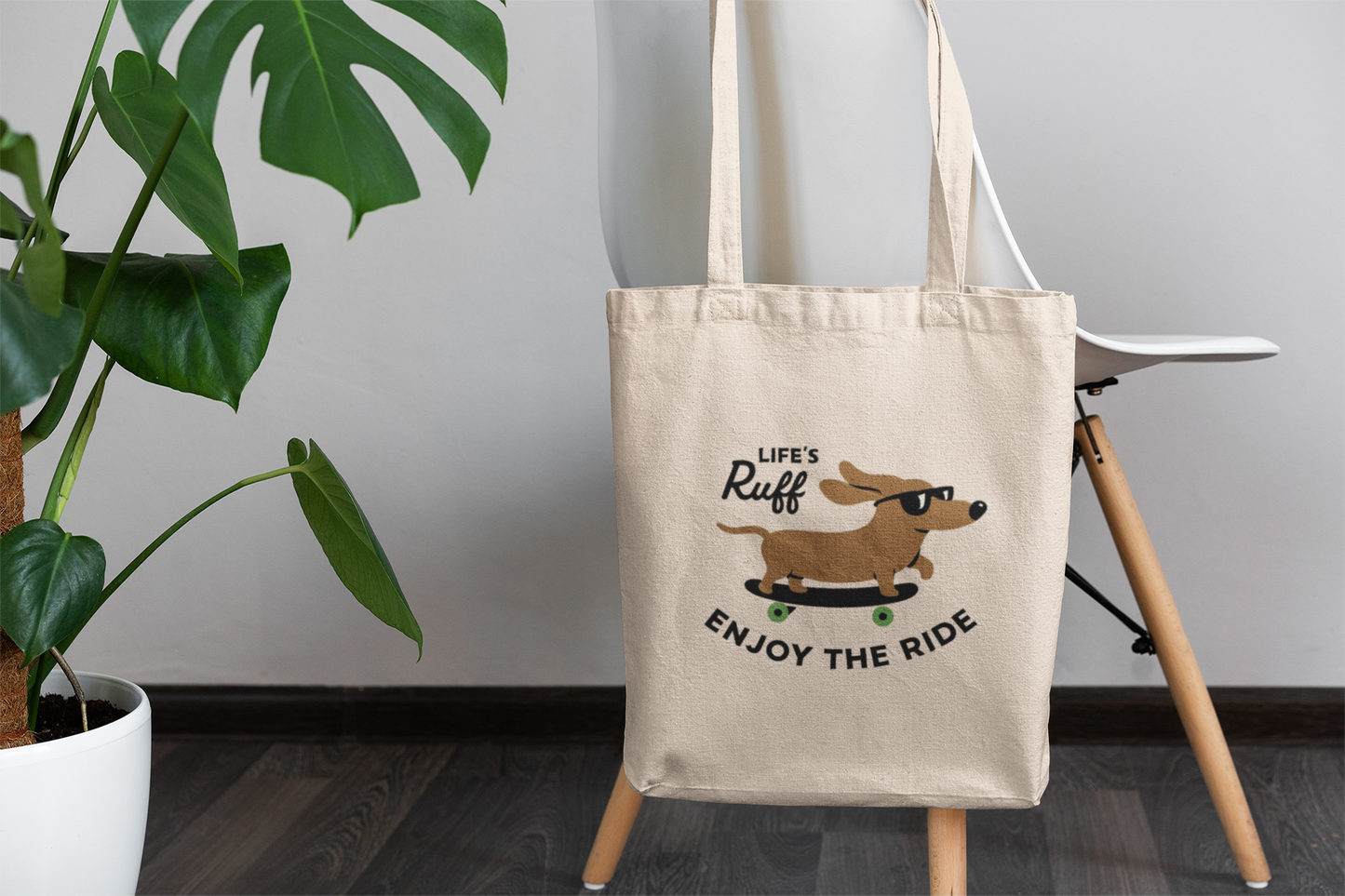 Funny Dachshund Tote Bag – Life’s Ruff Enjoy the Ride – Cute Dog Skateboard Canvas Bag