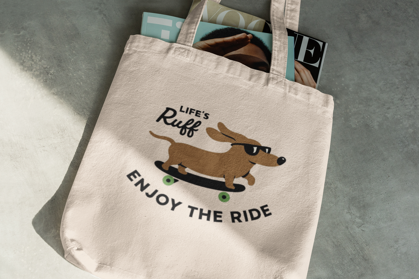 Funny Dachshund Tote Bag – Life’s Ruff Enjoy the Ride – Cute Dog Skateboard Canvas Bag