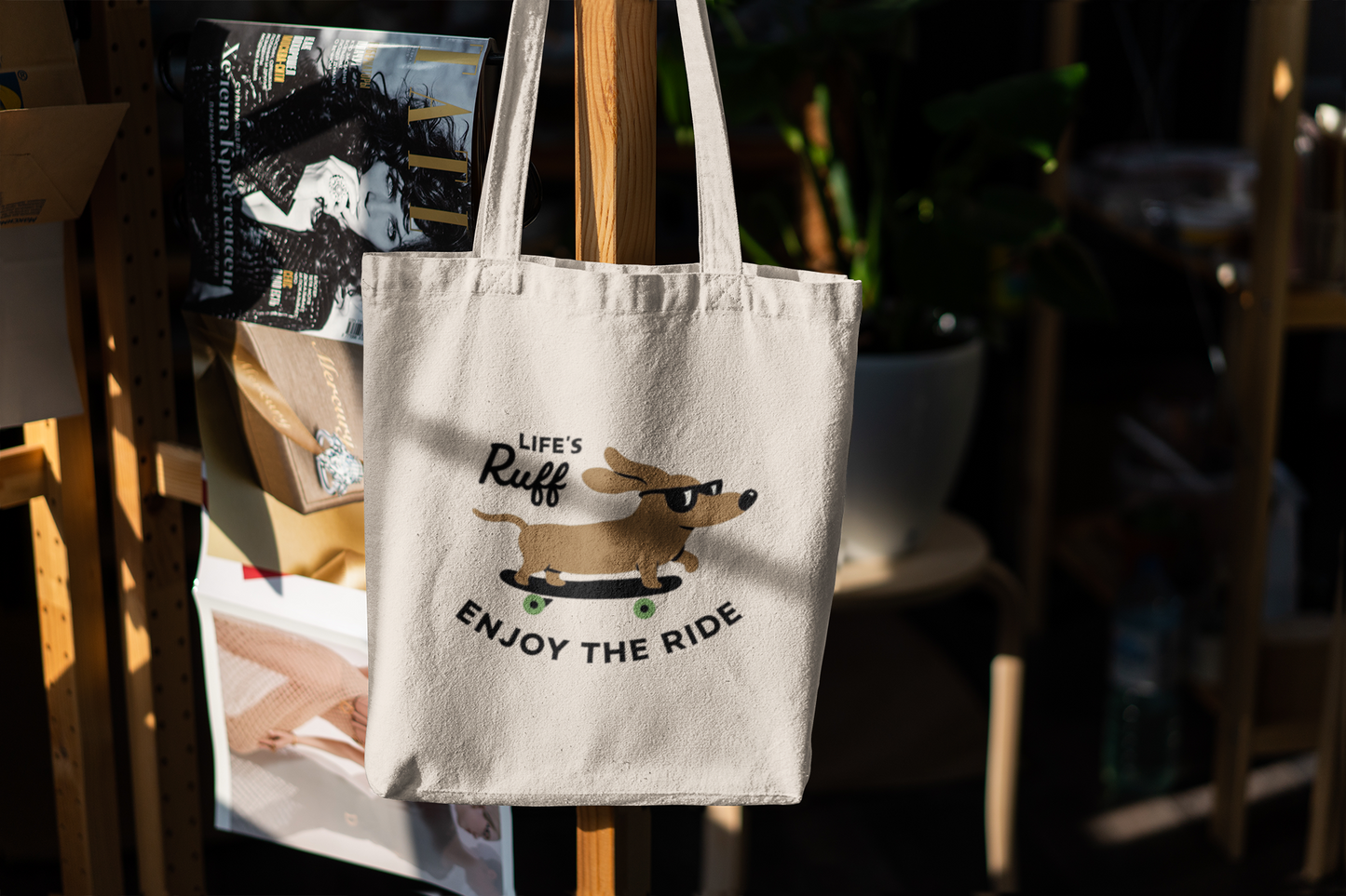 Funny Dachshund Tote Bag – Life’s Ruff Enjoy the Ride – Cute Dog Skateboard Canvas Bag