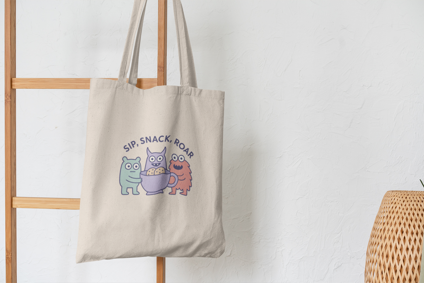 Cute Monster Tote Bag – Sip Snack Roar – Fun Kids Canvas Bag for Snacks & Playtime