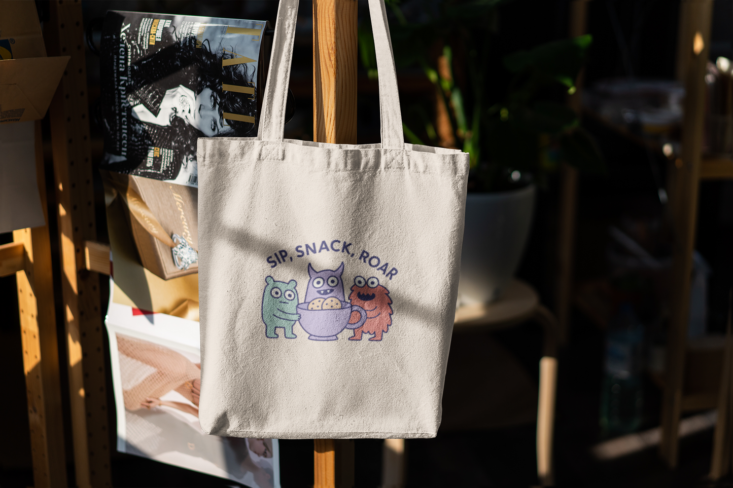 Cute Monster Tote Bag – Sip Snack Roar – Fun Kids Canvas Bag for Snacks & Playtime