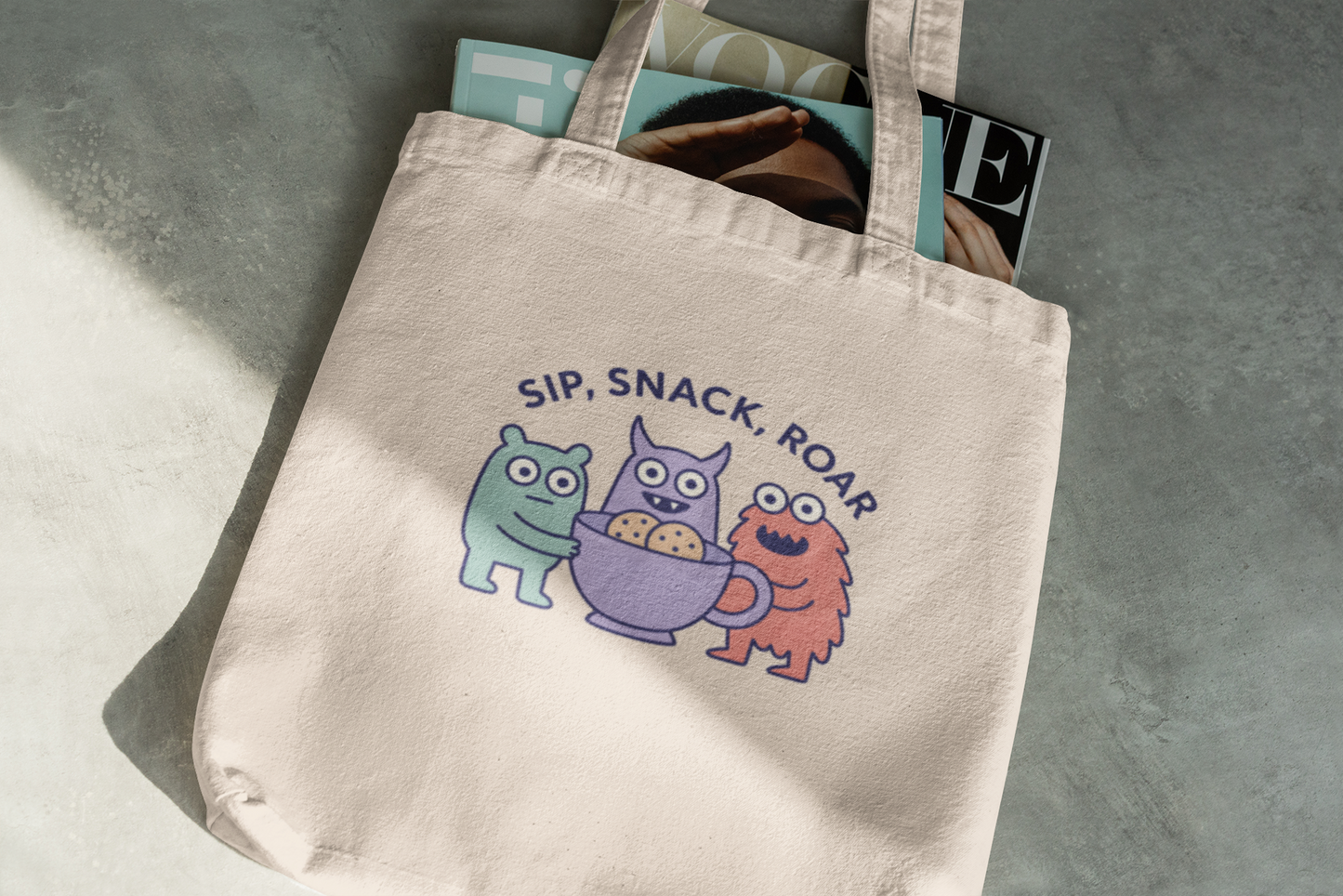 Cute Monster Tote Bag – Sip Snack Roar – Fun Kids Canvas Bag for Snacks & Playtime