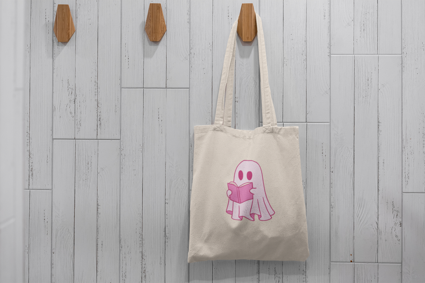 Cute Pink Ghost Tote Bag – Bookish Ghost Canvas Bag for Readers & Book Lovers
