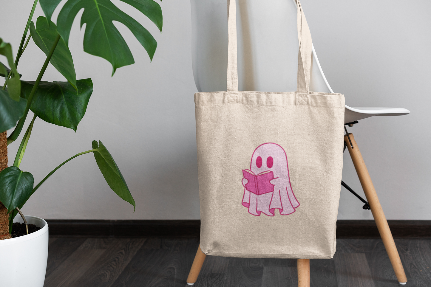 Cute Pink Ghost Tote Bag – Bookish Ghost Canvas Bag for Readers & Book Lovers