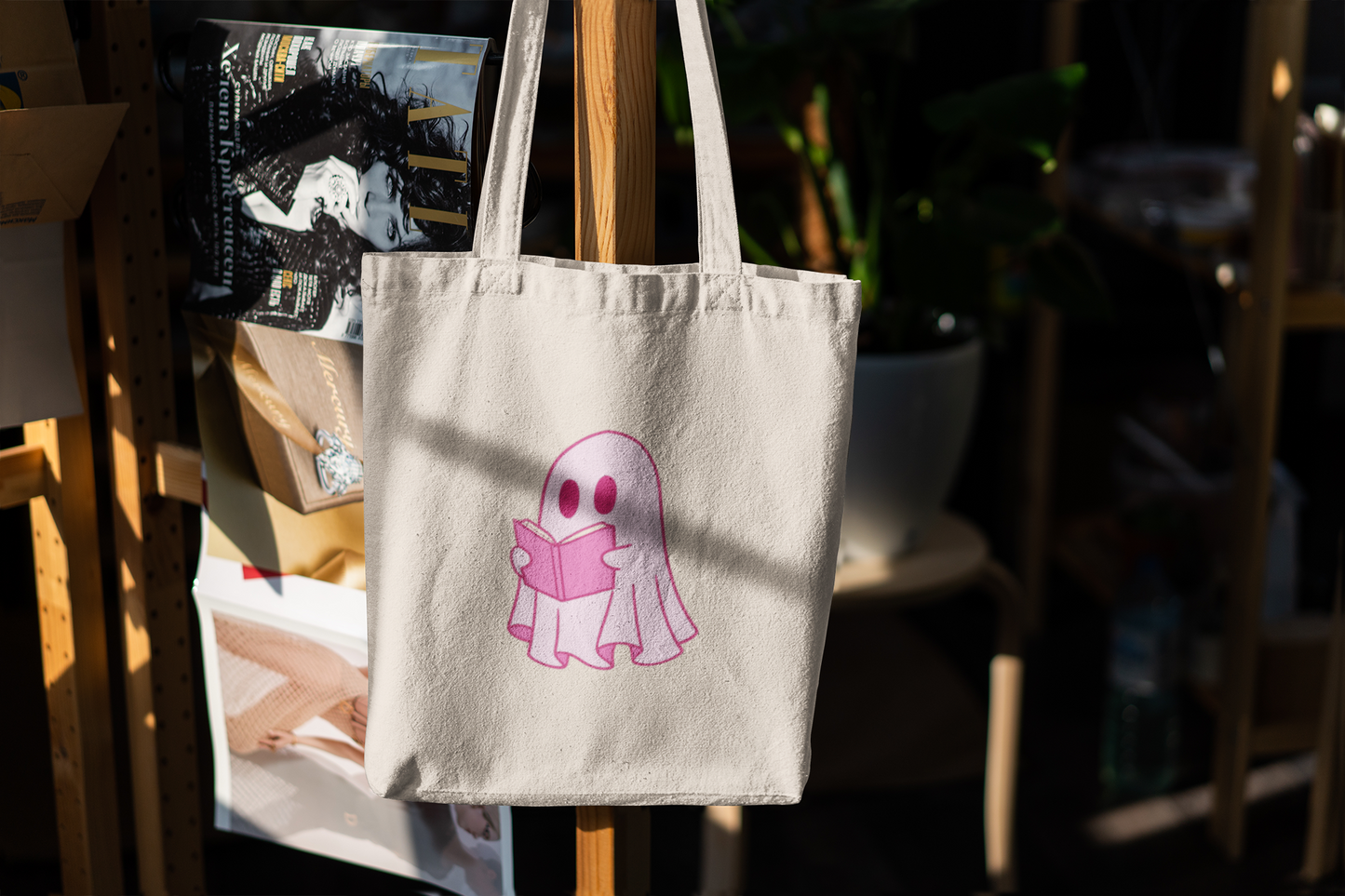 Cute Pink Ghost Tote Bag – Bookish Ghost Canvas Bag for Readers & Book Lovers