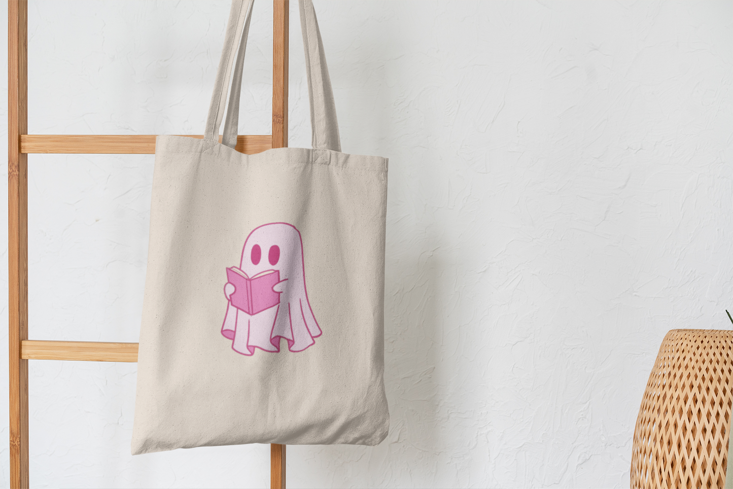 Cute Pink Ghost Tote Bag – Bookish Ghost Canvas Bag for Readers & Book Lovers
