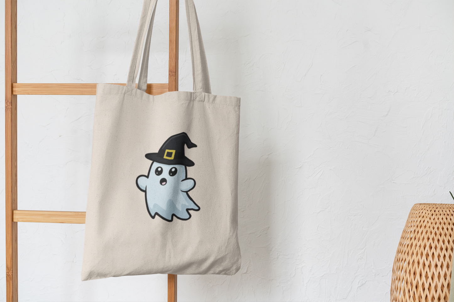 Cute Ghost Witch Tote Bag – Kawaii Halloween Canvas Bag for Spooky Season Lovers