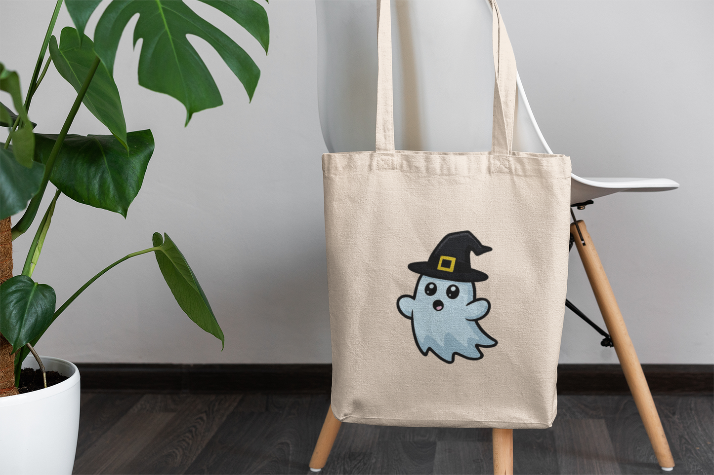 Cute Ghost Witch Tote Bag – Kawaii Halloween Canvas Bag for Spooky Season Lovers
