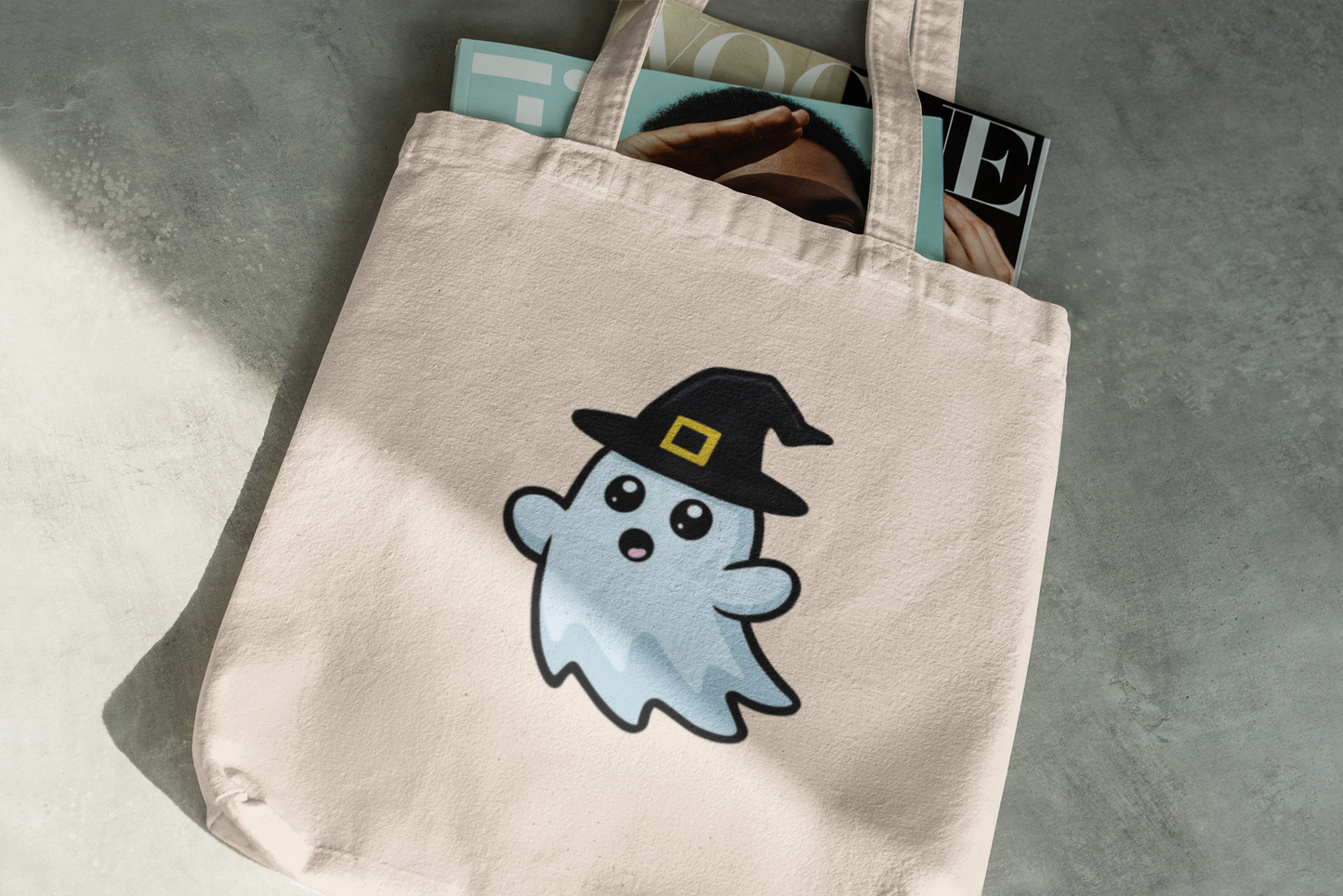 Cute Ghost Witch Tote Bag – Kawaii Halloween Canvas Bag for Spooky Season Lovers