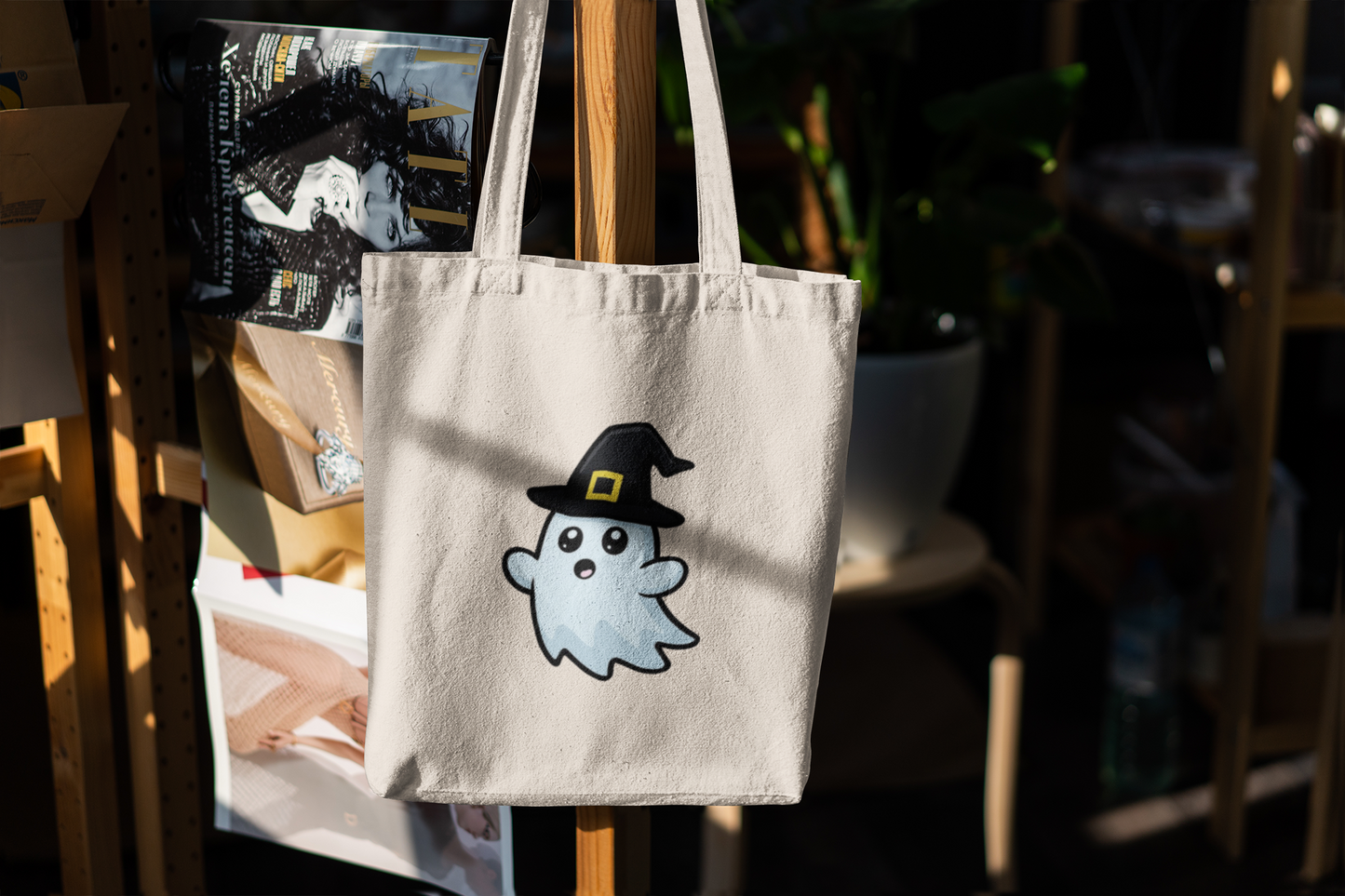 Cute Ghost Witch Tote Bag – Kawaii Halloween Canvas Bag for Spooky Season Lovers