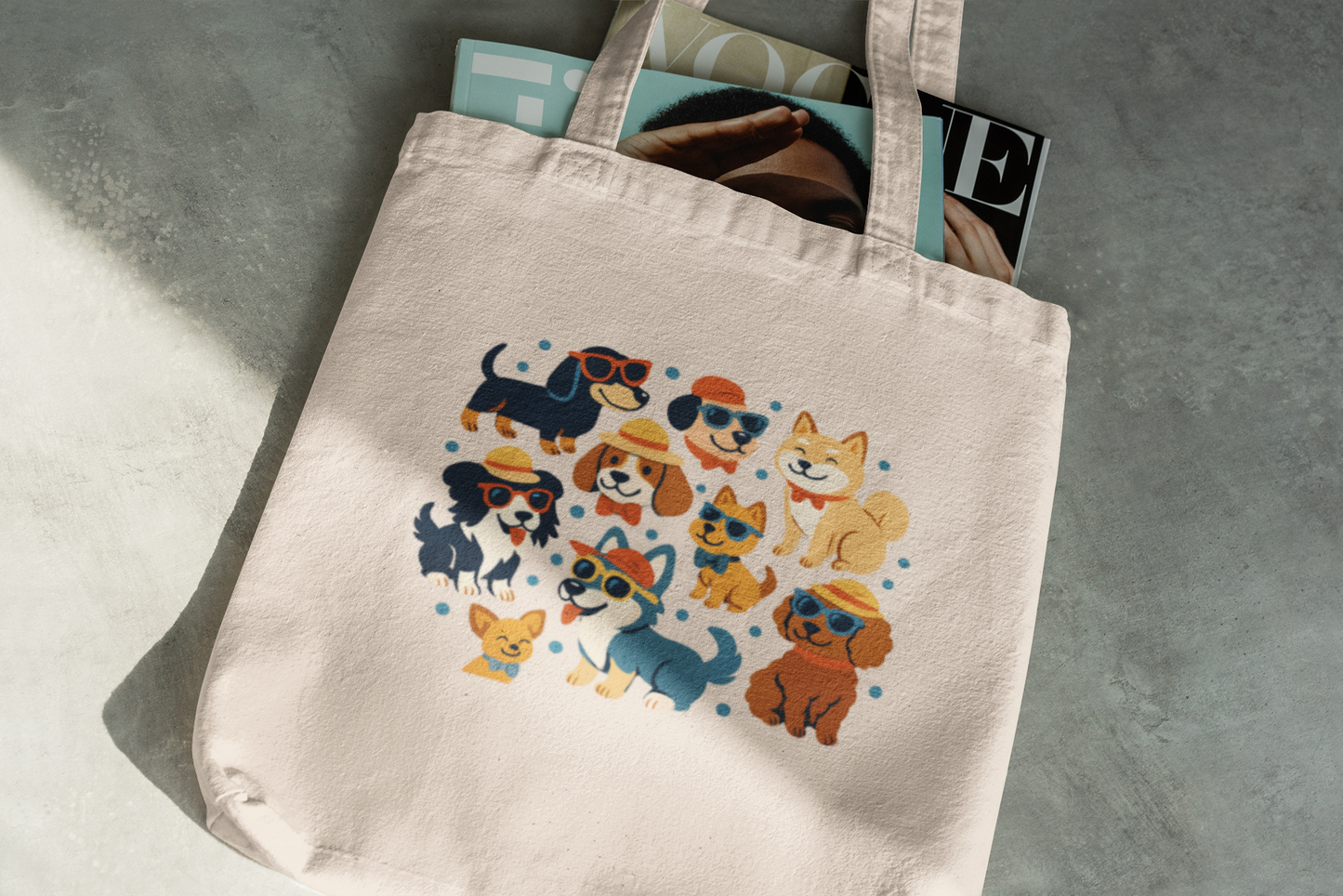 Cool Dog Squad Tote Bag – Cute Cartoon Dogs in Sunglasses – Funny Canvas Bag for Dog Lovers
