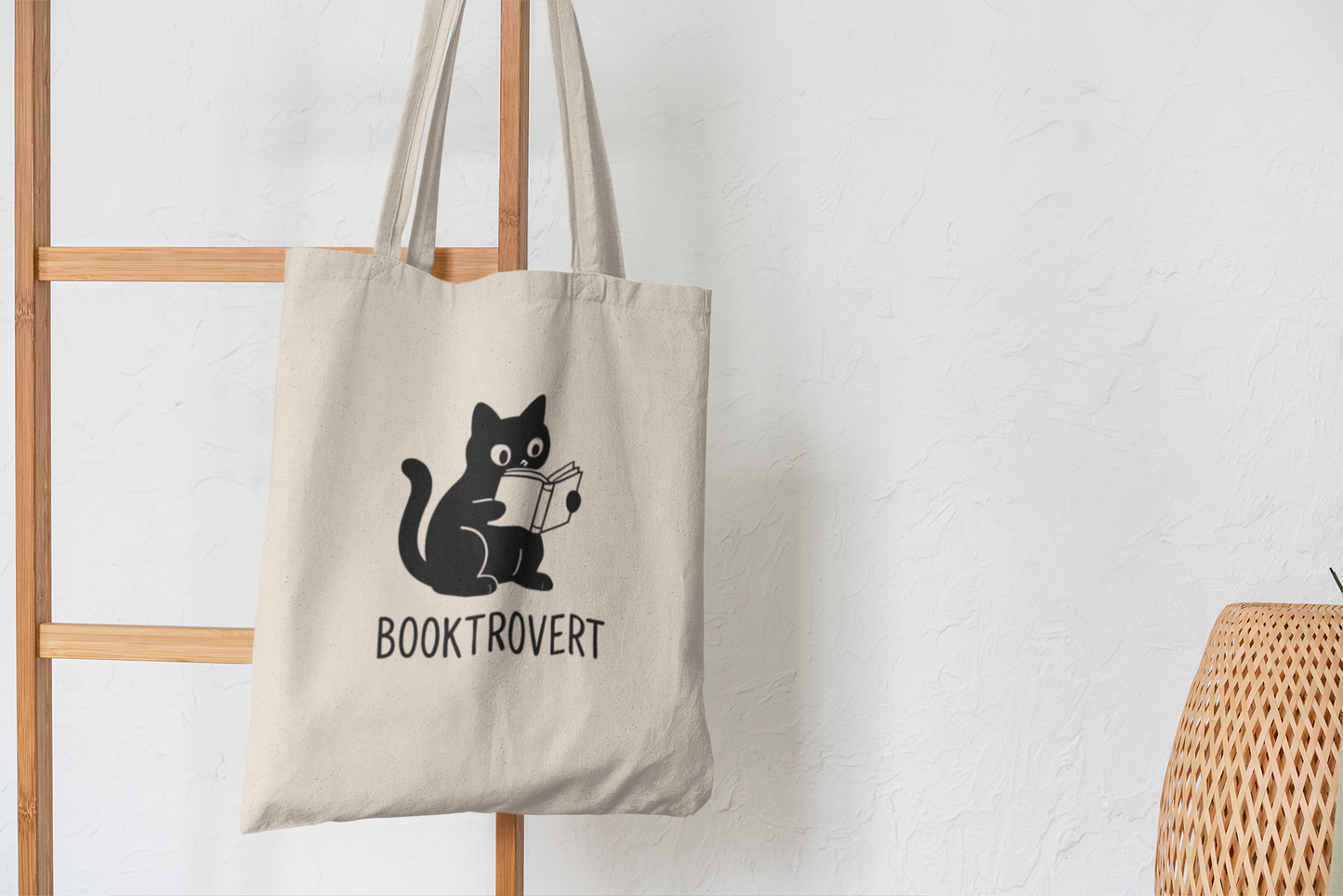 Booktrovert Cat Tote Bag – Funny Introvert Book Lover Gift | Reusable Canvas Library Bag for Readers