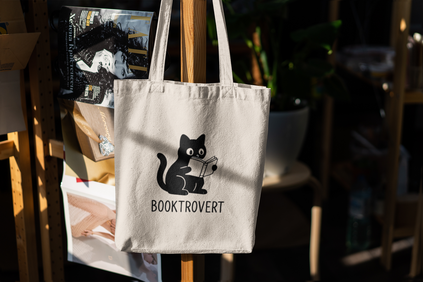 Booktrovert Cat Tote Bag – Funny Introvert Book Lover Gift | Reusable Canvas Library Bag for Readers