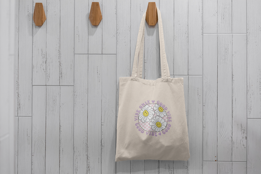 Good Vibes Only Smiley Flower Tote Bag