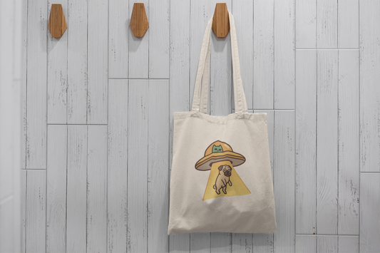 Alien Abduction Pug Tote Bag – Funny UFO Dog Illustration
