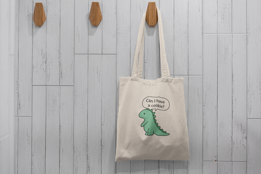 Cookie-Loving Dino Tote Bag – Cute Dinosaur Asking for a Treat