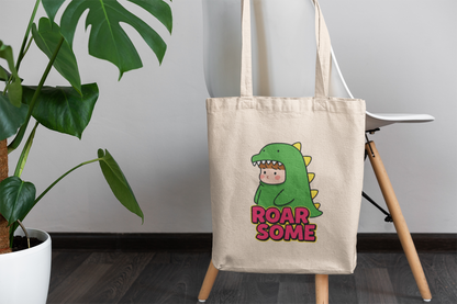 Roarsome Dinosaur Kids Tote Bag – Cute Dino Costume Canvas Tote for Kids & Adults