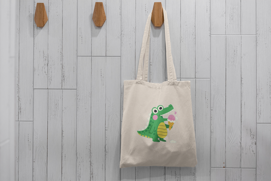 Cute Crocodile Eating Ice Cream Tote Bag – Funny Cartoon Animal Canvas Bag for Kids & Animal Lovers