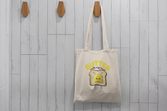 Butter Melts My Heart Tote Bag – Cute Toast Pun Canvas Bag, Foodie Gift Idea