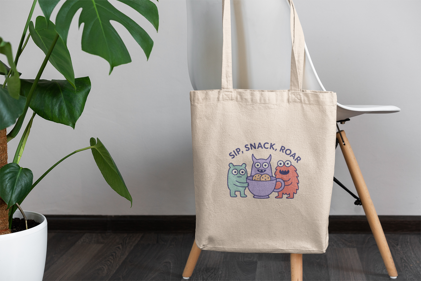 Cute Monster Tote Bag – Sip Snack Roar – Fun Kids Canvas Bag for Snacks & Playtime