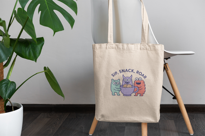 Cute Monster Tote Bag – Sip Snack Roar – Fun Kids Canvas Bag for Snacks & Playtime