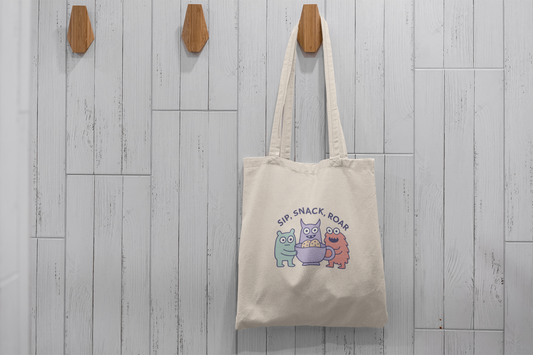 Cute Monster Tote Bag – Sip Snack Roar – Fun Kids Canvas Bag for Snacks & Playtime