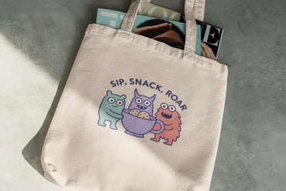 Cute Monster Tote Bag – Sip Snack Roar – Fun Kids Canvas Bag for Snacks & Playtime