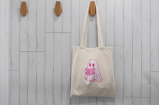 Cute Pink Ghost Tote Bag – Bookish Ghost Canvas Bag for Readers & Book Lovers