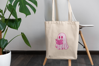 Cute Pink Ghost Tote Bag – Bookish Ghost Canvas Bag for Readers & Book Lovers