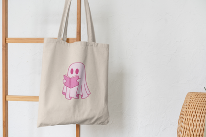 Cute Pink Ghost Tote Bag – Bookish Ghost Canvas Bag for Readers & Book Lovers