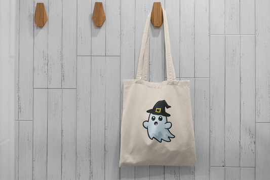 Cute Ghost Witch Tote Bag – Kawaii Halloween Canvas Bag for Spooky Season Lovers