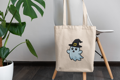 Cute Ghost Witch Tote Bag – Kawaii Halloween Canvas Bag for Spooky Season Lovers