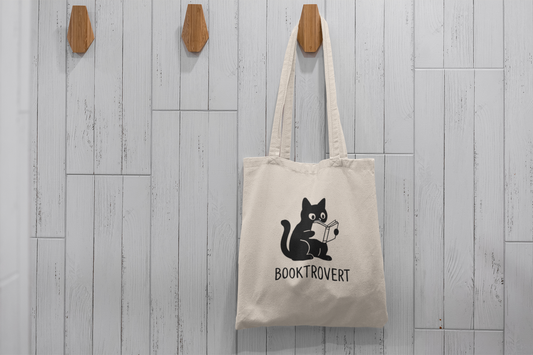 Booktrovert Cat Tote Bag – Funny Introvert Book Lover Gift | Reusable Canvas Library Bag for Readers